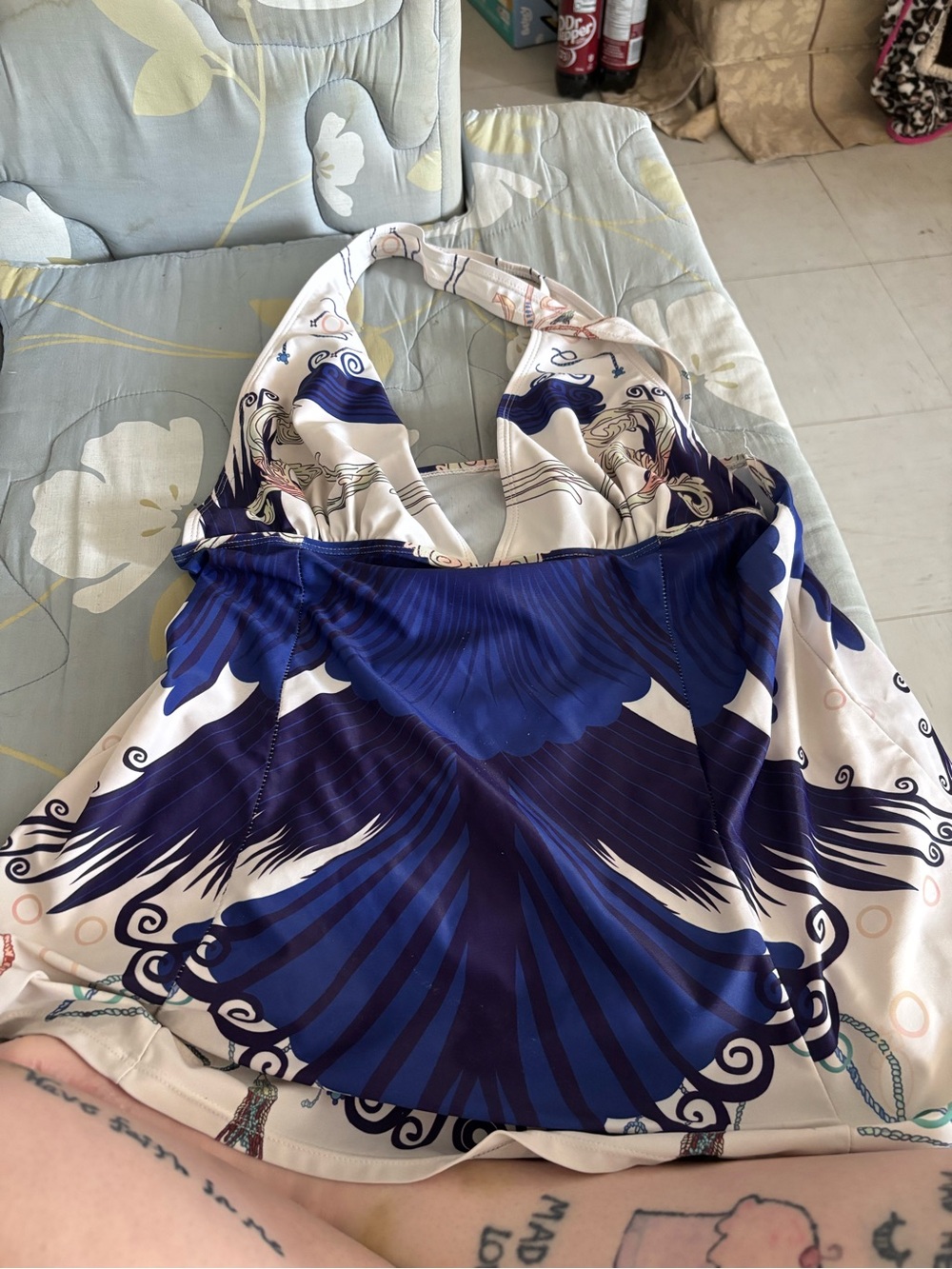Blue & White Halter Swim Tankini Top